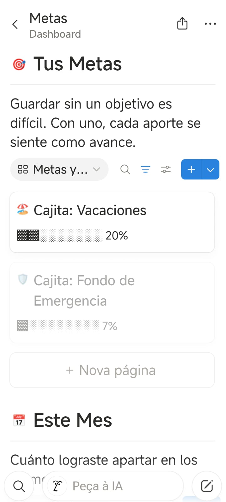 Galería de metas de ahorro en el celular, con foto y barra de progreso